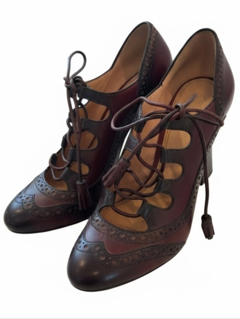 Tory Burch Merlot & Black Leather Heeled Oxford SZ 8 Sexy Librarian Office Siren